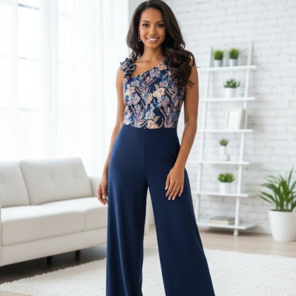 JS Collections Navy Blue One Shoulder Wide Leg Jumpsuit Plus 16 NWT